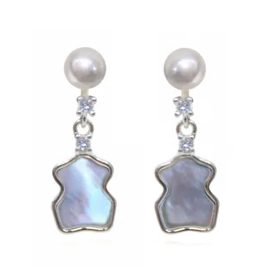 Ninemoo Women's Silver Pearl Bear Charm Earrings