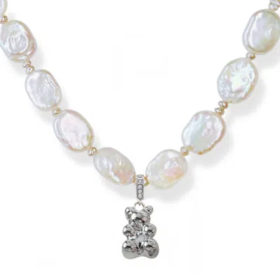 Ninemoo Women's Silver Rectangular Pearl & Bear Pendant Necklace