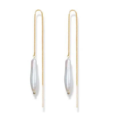 Ninemoo Women's White Classic Linear Pearl Threader Earrings