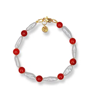 Ninemoo Women's White / Red Red Agate & Lute Pearl Bracelet