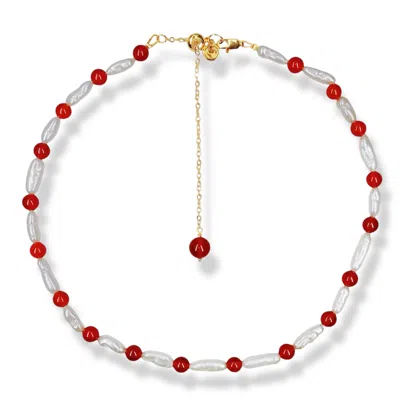 Ninemoo Women's White / Red Red Agate & Lute Pearl Necklace
