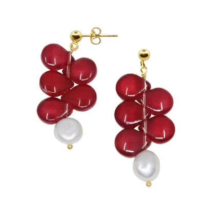 Ninemoo Women's White / Red Scarlet Grape Cluster Pearls Earrings In Multi