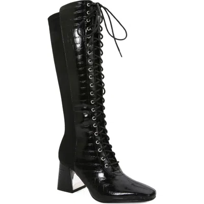 Ninety Union Lark Croc Embossed Faux Leather Knee High Boot In Black