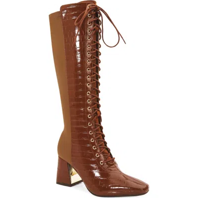 Ninety Union Lark Croc Embossed Faux Leather Knee High Boot In Brown