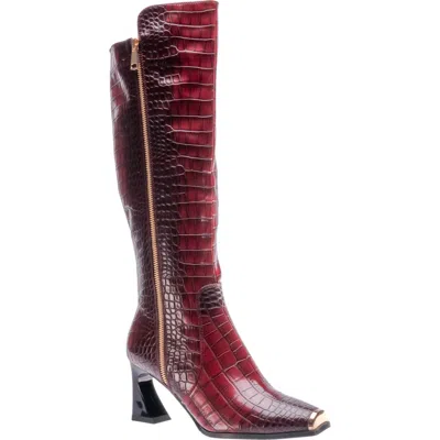Ninety Union London Croc Embossed Knee High Boot In Burgundy