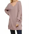 Ninexis V Neck Loose Fit Tunic Length Soft Sweater Top In Mocha In Brown