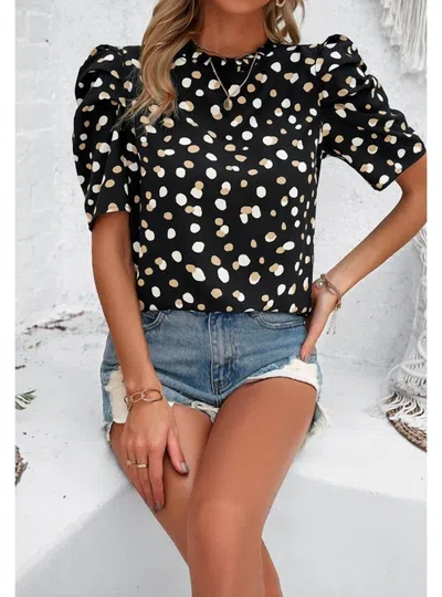 Ninexis Women's Ruffle Neck Puff Sleeve Dots Blouse In Black
