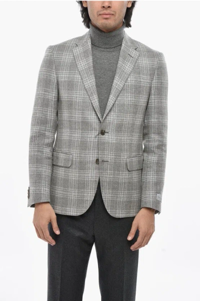 Nino Danieli Tartan Patterned Linen Blend Blazer With Notch Lapel In Gray