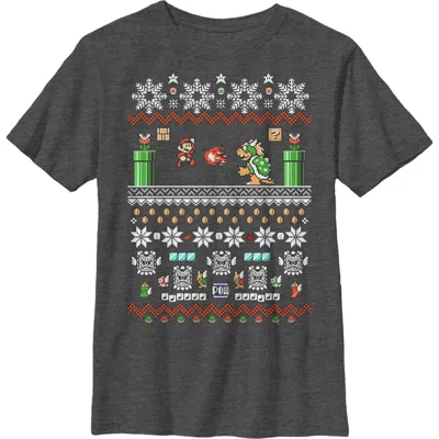 Nintendo Kids' Boy's  Mario And Bowser Ugly Christmas Sweater  Graphic T-shirt In Gray