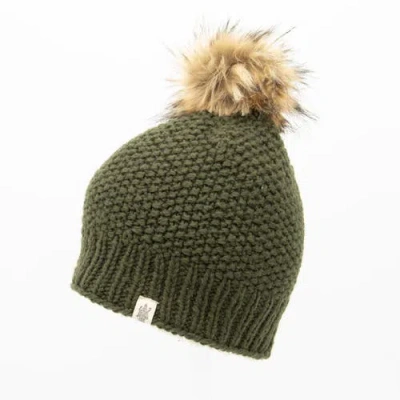 Nirvana Designs Moss Fur Pom Pom Hat In Olive