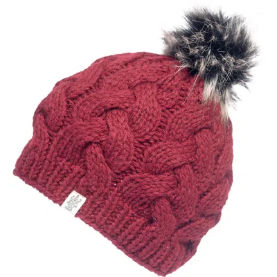 Nirvanna Designs Boheme Cable Beanie W/ Faux Fur Pom In Burgundy