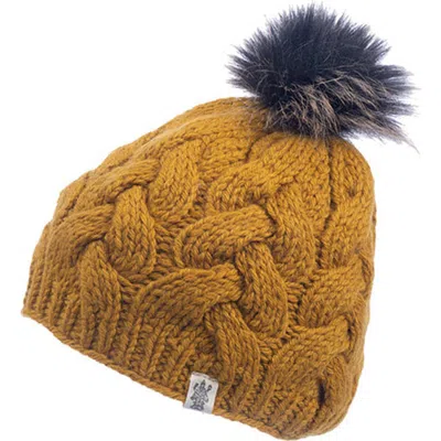 Nirvanna Designs Boheme Cable Beanie W/ Faux Fur Pom In Honey
