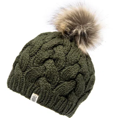 Nirvanna Designs Boheme Cable Beanie W/ Faux Fur Pom In Olive