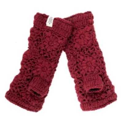 Nirvanna Designs Flower Crochet Handwarmers In Burgundy