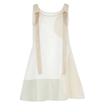 Nish Niche Women's Neutrals / White Pale Green, Beige & White Mini Dress With Ribbons