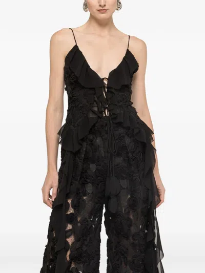 Nissa 3d Floral-embroidered Ruffled Top In Black
