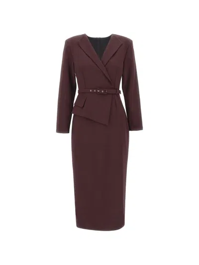 Nissa Asymmetrical Belted Midi Dress In Brown