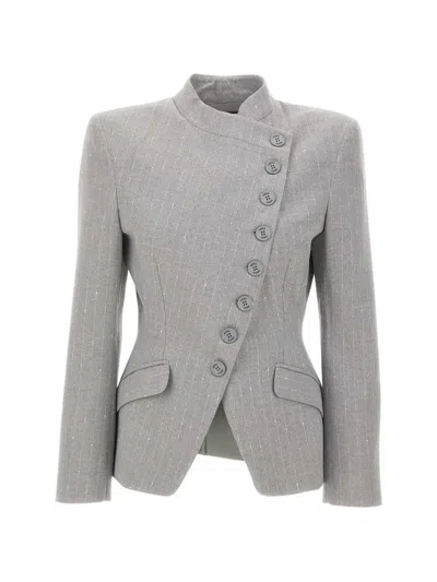 Nissa Asymmetrical Pinstripe Blazer In Gray
