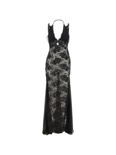 Nissa Beaded Floral-lace Gown In Black