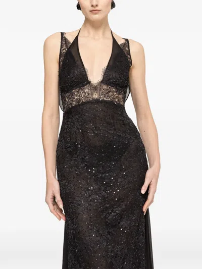 Nissa Beaded Lace-panel Maxi Dress In Black