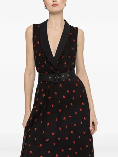 Nissa Belted Floral Midi Dress In Black