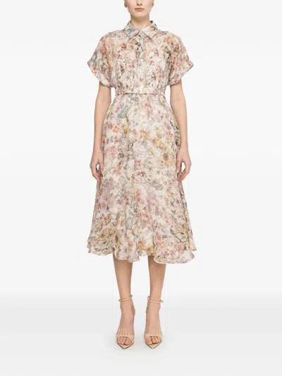 Nissa Belted Floral Print Dress In Neutral