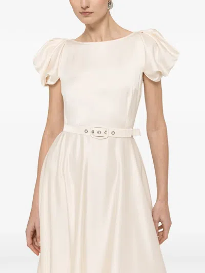 Nissa Belted Puff-sleeve Midi Dress In Neutral