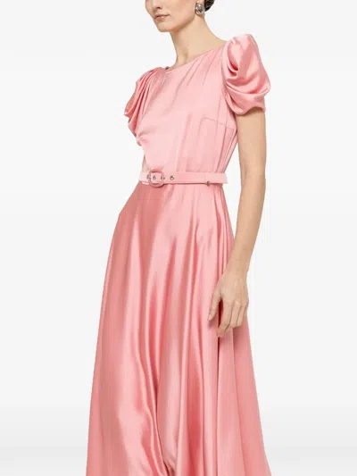 Nissa Belted Puff-sleeve Midi Dress In Pink