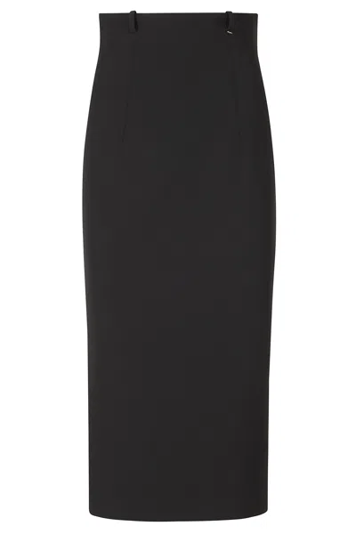 Nissa Black Belt Loops Back Slit Pockets Polyester Midi Skirt