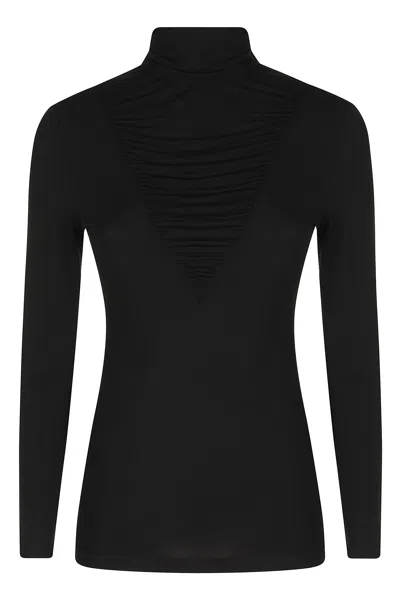 NISSA BLACK HIGH NECK GATHERED LYOCELL-BLEND TOP