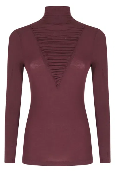 Nissa Bordeaux High Neck Gathered Lyocell-blend Top In Burgundy