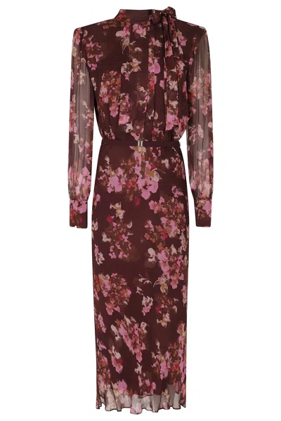 Nissa Bordeaux Ruffle Waistband Floral Print Viscose Evening Dress In Brown