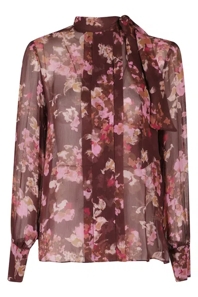 Nissa Bordeaux Ruffles Floral Print Viscose Blouse In Pink
