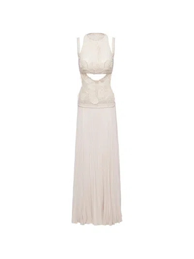 Nissa Crochet-panel Pleated Maxi Dress In Neutral