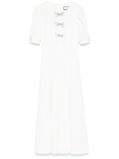 Nissa Crystal-bow Crepe Midi Dress In 白色