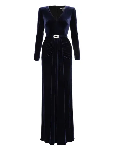 Nissa Crystal-bucket Velvet Maxi Dress In Blue