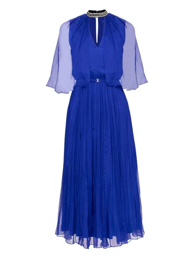 Nissa Crystal-detail Pleated Silk Dress In Blue