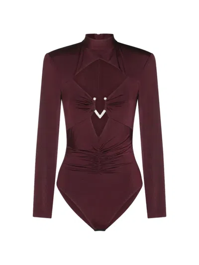 Nissa Cut-out Crystal-embellished Bodysuit In Burgundy