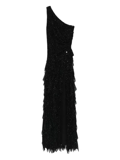Nissa Embellished Ruffled Asymmetric Evening Dress In Black