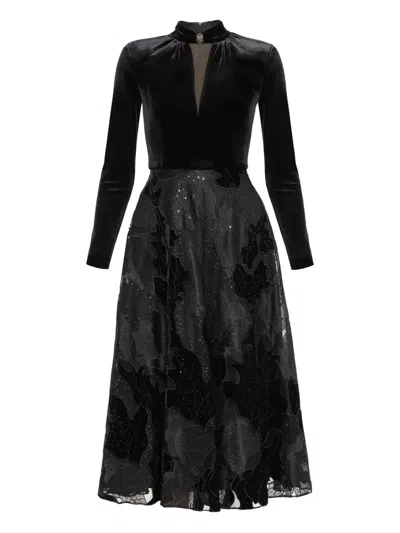 Nissa Embroidered Velvet Midi Dress In Black