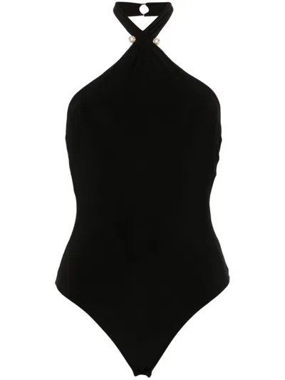 Nissa Faux-pearl Halterneck Bodysuit In Black