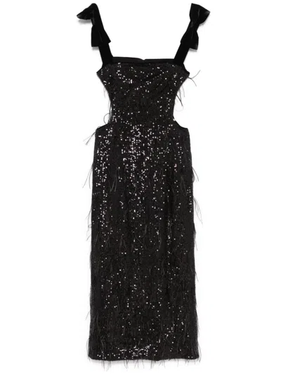 Nissa Feather-detailing Sequinned Midi Dress In Black