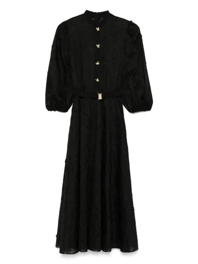 Nissa Floral-appliqué Midi Dress In 黑色