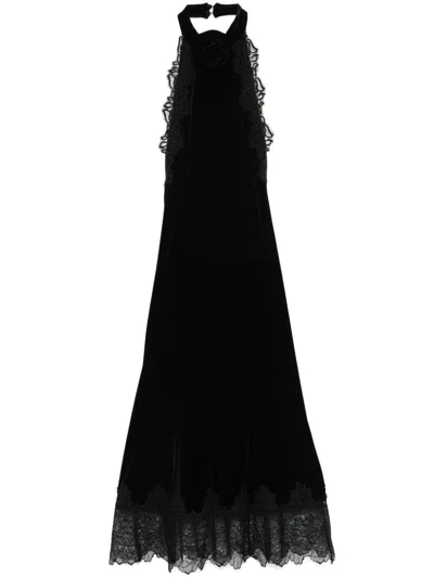 Nissa Women's Black Lace-trim Velvet Midi Dress