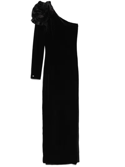 Nissa Women's Black Floral-appliqué Taffeta Midi Dress