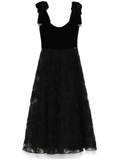 Nissa Floral-appliqué Midi Dress In Black