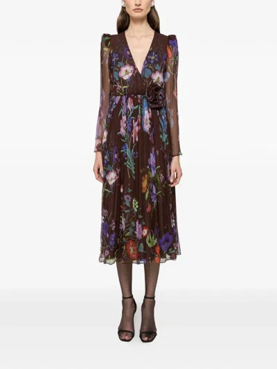 Nissa Floral-appliqué Midi Dress In Brown