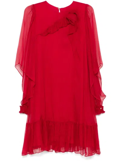 Nissa Floral-appliqué Silk Midi Dress In Red
