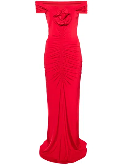 Nissa Floral-appliqué Off-shoulder Maxi Dress In Red
