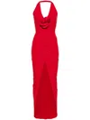 Nissa Floral-appliqué Ruched Gown In Red
